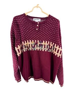 Women’s vintage burgundy Knit Sweater Patterned Sleeves XL embroidered floral